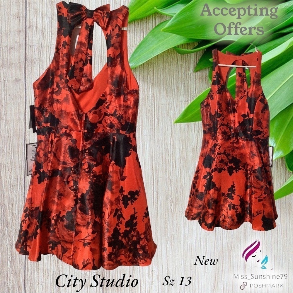 City Studio NEW - Sz 13 - backless neck bow satin shine flower romantic DRESS